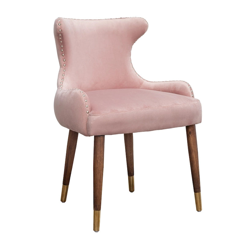 Poltrona d'accento moderna rosa 23 in poliestere, con gambe in legno massello di gomma, imbottita e con borchie decorative