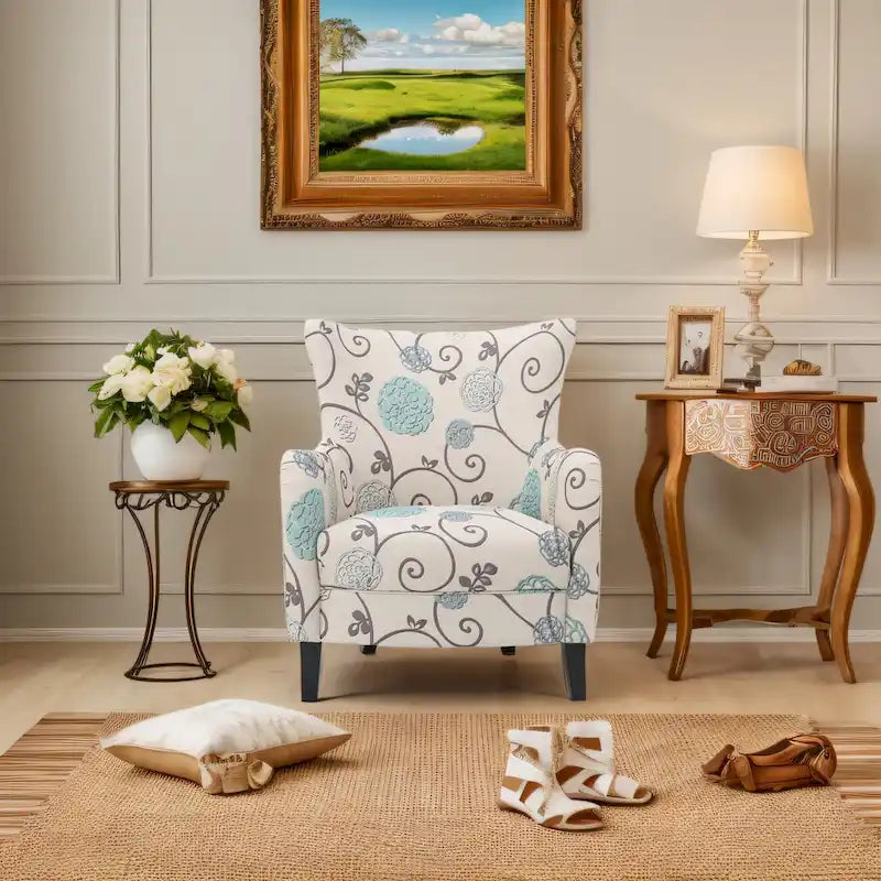 Moderne retrofauteuil van 30.25 met hoge rugleuning, bekleding en houten poten voor de woonkamer