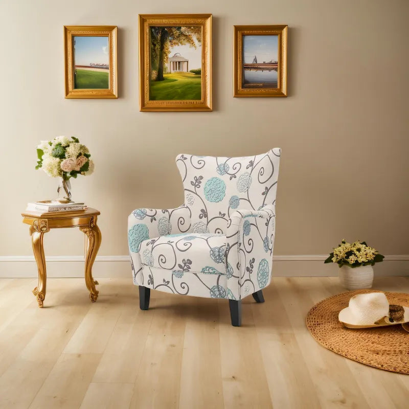 Moderne retrofauteuil van 30.25 met hoge rugleuning, bekleding en houten poten voor de woonkamer