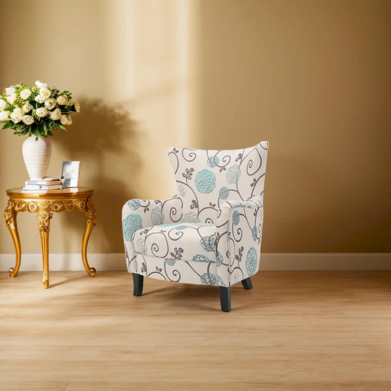 Moderne retrofauteuil van 30.25 met hoge rugleuning, bekleding en houten poten voor de woonkamer