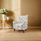 Moderne retrofauteuil van 30.25 met hoge rugleuning, bekleding en houten poten voor de woonkamer