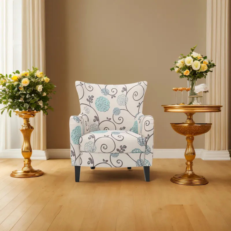 Moderne retrofauteuil van 30.25 met hoge rugleuning, bekleding en houten poten voor de woonkamer