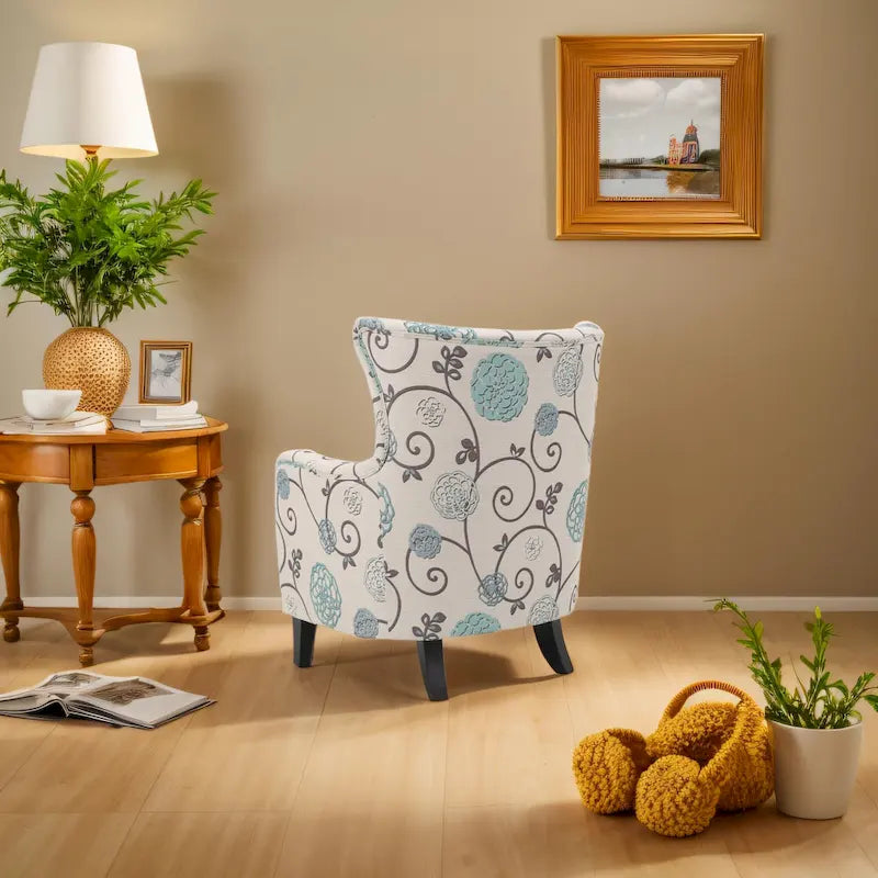 Moderne retrofauteuil van 30.25 met hoge rugleuning, bekleding en houten poten voor de woonkamer