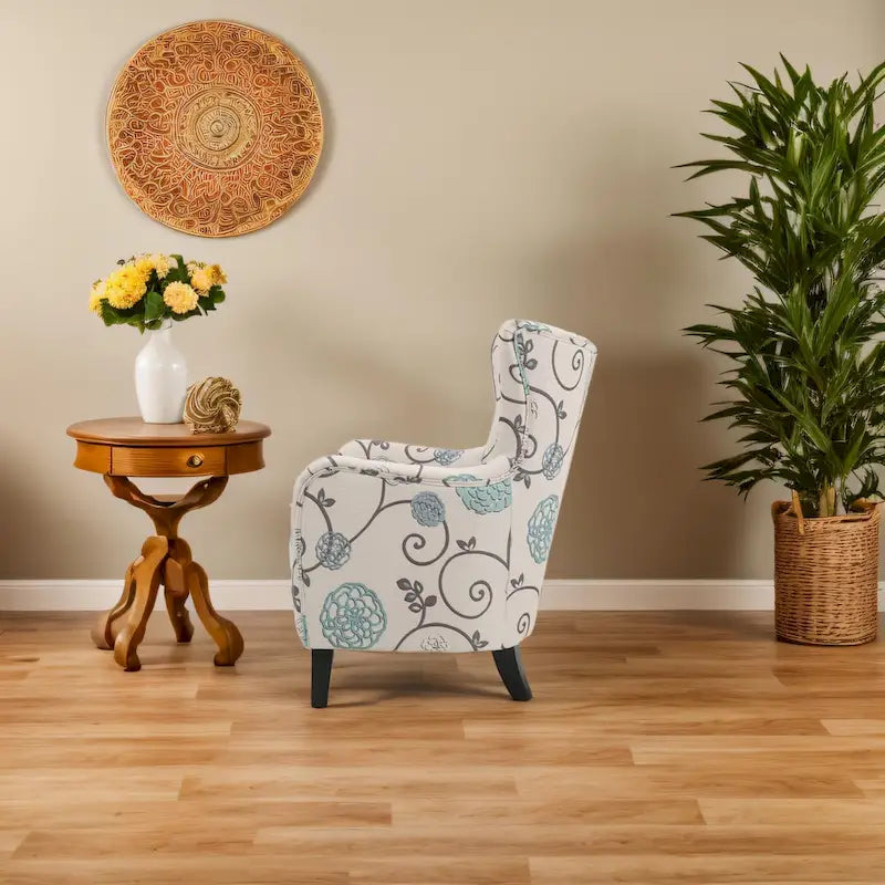 Moderne retrofauteuil van 30.25 met hoge rugleuning, bekleding en houten poten voor de woonkamer