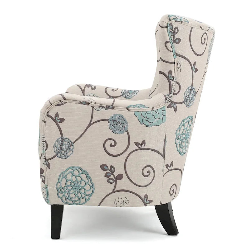 Moderne retrofauteuil van 30.25 met hoge rugleuning, bekleding en houten poten voor de woonkamer