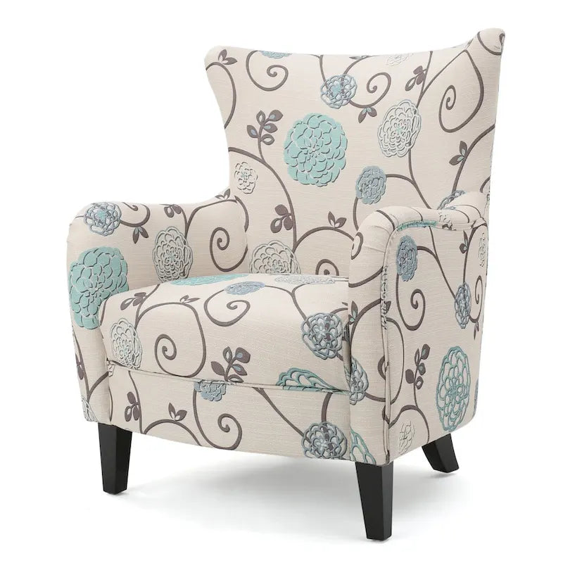 Moderne retrofauteuil van 30.25 met hoge rugleuning, bekleding en houten poten voor de woonkamer