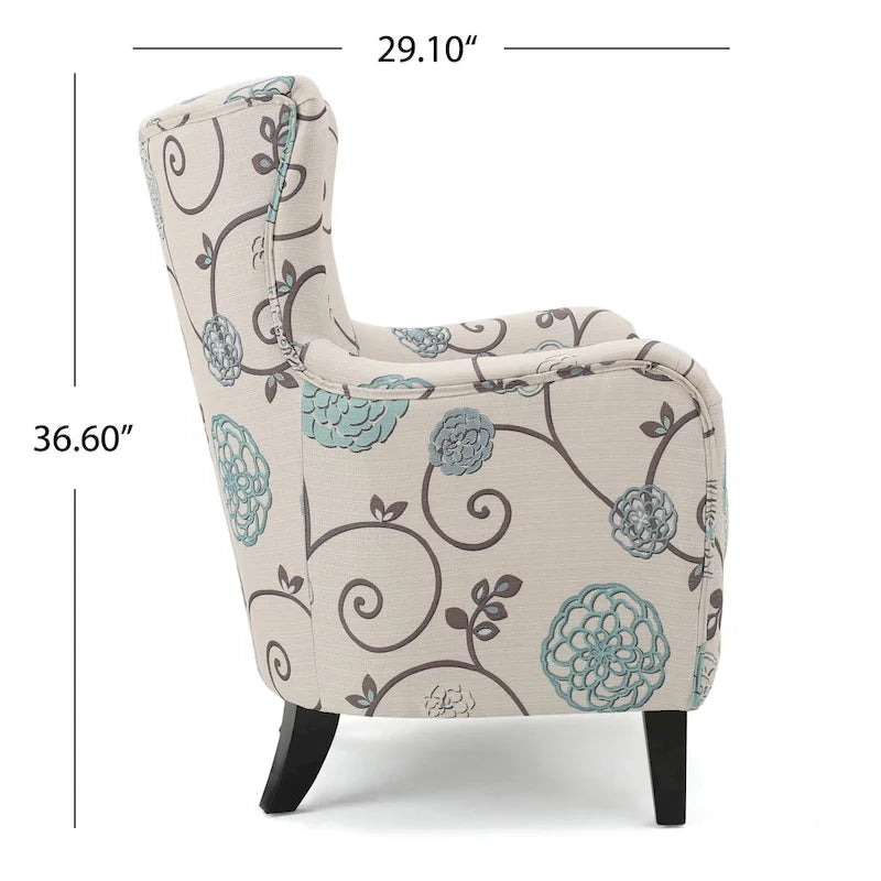 Moderne retrofauteuil van 30.25 met hoge rugleuning, bekleding en houten poten voor de woonkamer