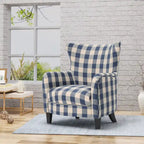 Moderne retrofauteuil van 30.25 met hoge rugleuning, bekleding en houten poten voor de woonkamer