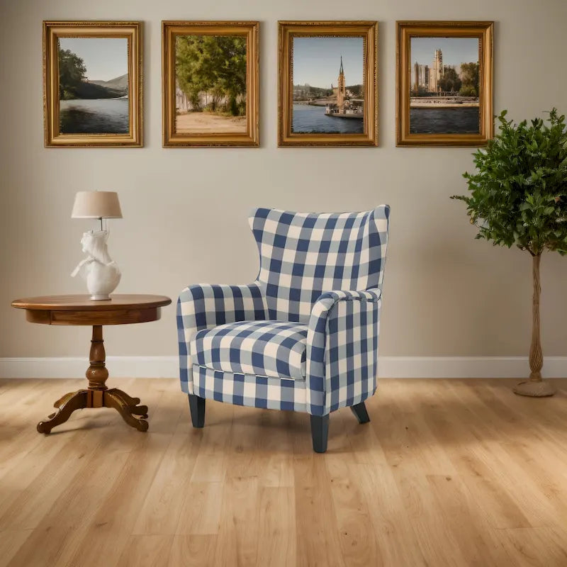 Moderne retrofauteuil van 30.25 met hoge rugleuning, bekleding en houten poten voor de woonkamer