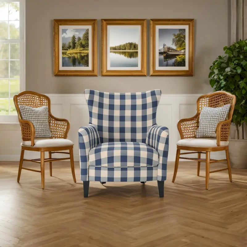 Moderne retrofauteuil van 30.25 met hoge rugleuning, bekleding en houten poten voor de woonkamer