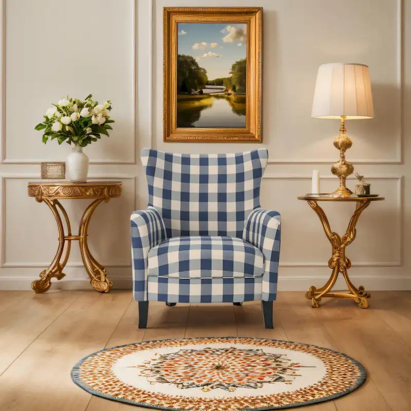 Moderne retrofauteuil van 30.25 met hoge rugleuning, bekleding en houten poten voor de woonkamer