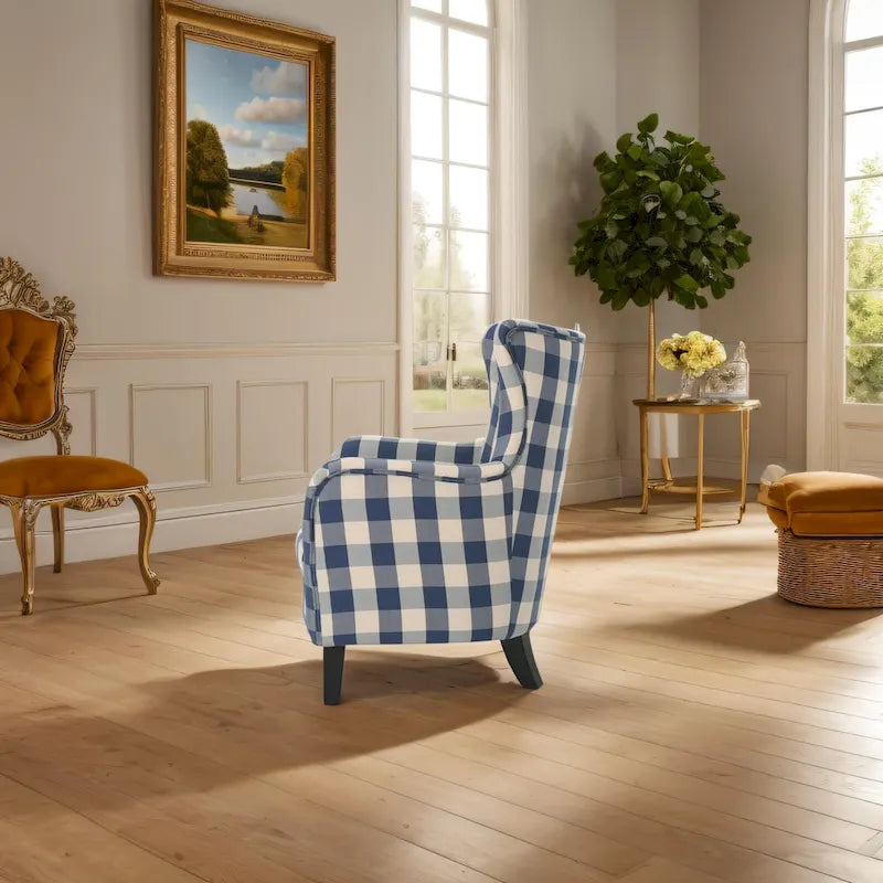 Moderne retrofauteuil van 30.25 met hoge rugleuning, bekleding en houten poten voor de woonkamer