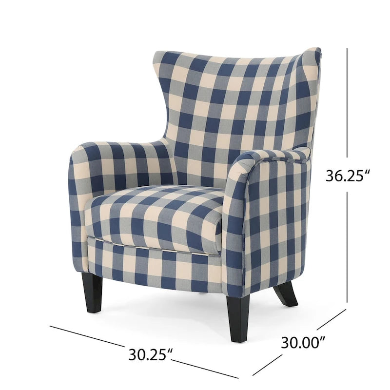 Moderne retrofauteuil van 30.25 met hoge rugleuning, bekleding en houten poten voor de woonkamer