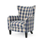 Moderne retrofauteuil van 30.25 met hoge rugleuning, bekleding en houten poten voor de woonkamer