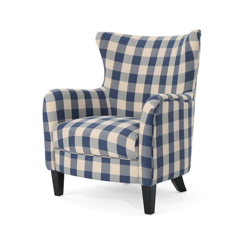 Moderne retrofauteuil van 30.25 met hoge rugleuning, bekleding en houten poten voor de woonkamer