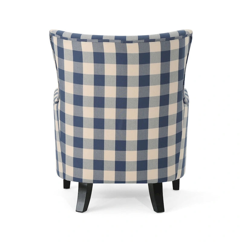 Moderne retrofauteuil van 30.25 met hoge rugleuning, bekleding en houten poten voor de woonkamer