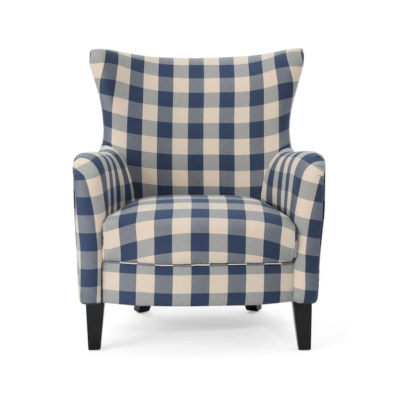 Moderne retrofauteuil van 30.25 met hoge rugleuning, bekleding en houten poten voor de woonkamer