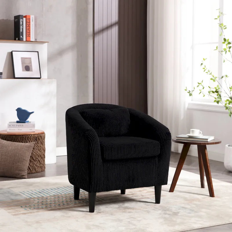 Sillón barril tapizado moderno de 24.8 con patas de madera y cojines para sala