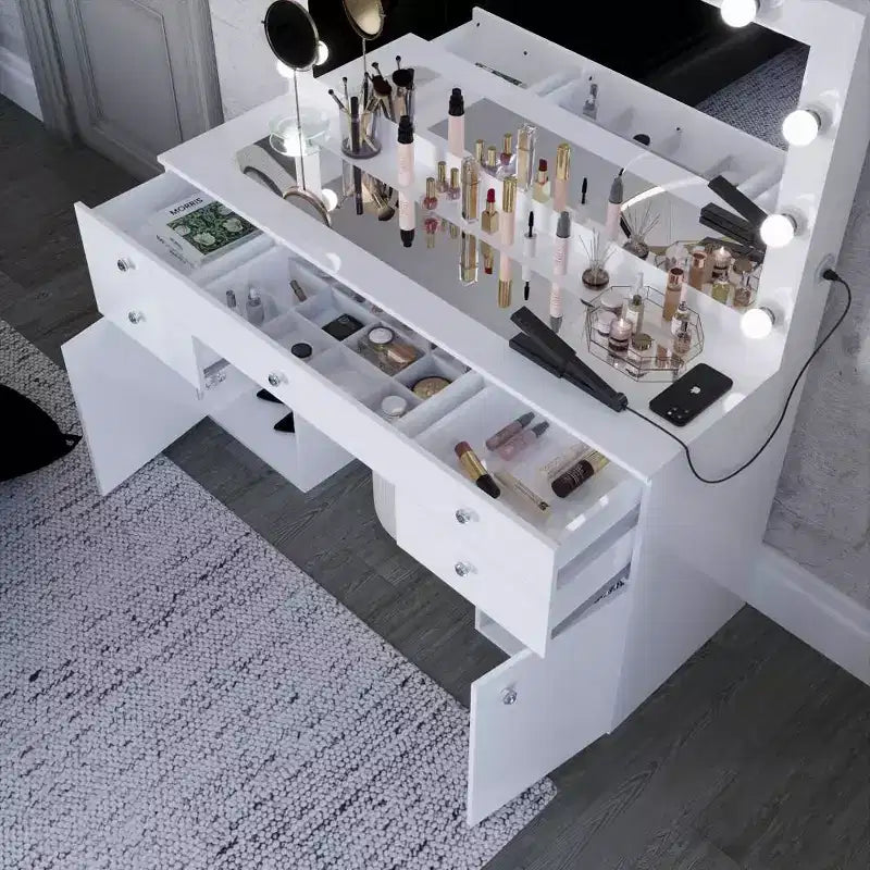 Georgina witte make-uptoilettafel met verlichte kristallen knoppen - Boahaus