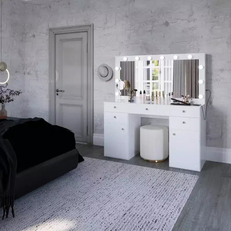 Georgina witte make-uptoilettafel met verlichte kristallen knoppen - Boahaus