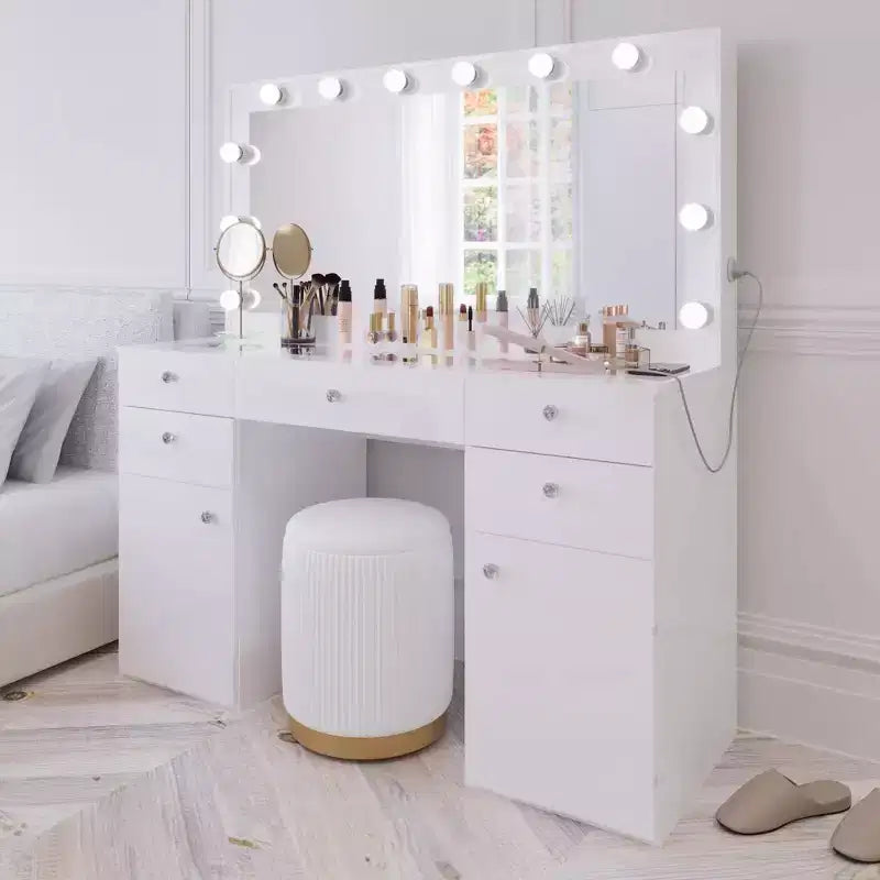 Georgina witte make-uptoilettafel met verlichte kristallen knoppen - Boahaus
