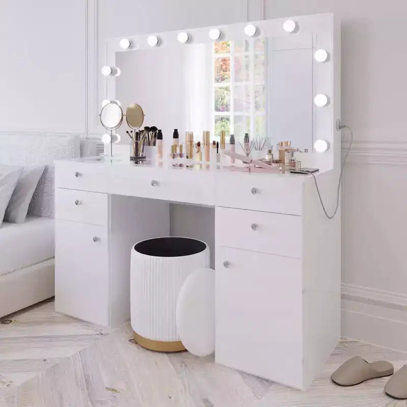 Georgina witte make-uptoilettafel met verlichte kristallen knoppen - Boahaus