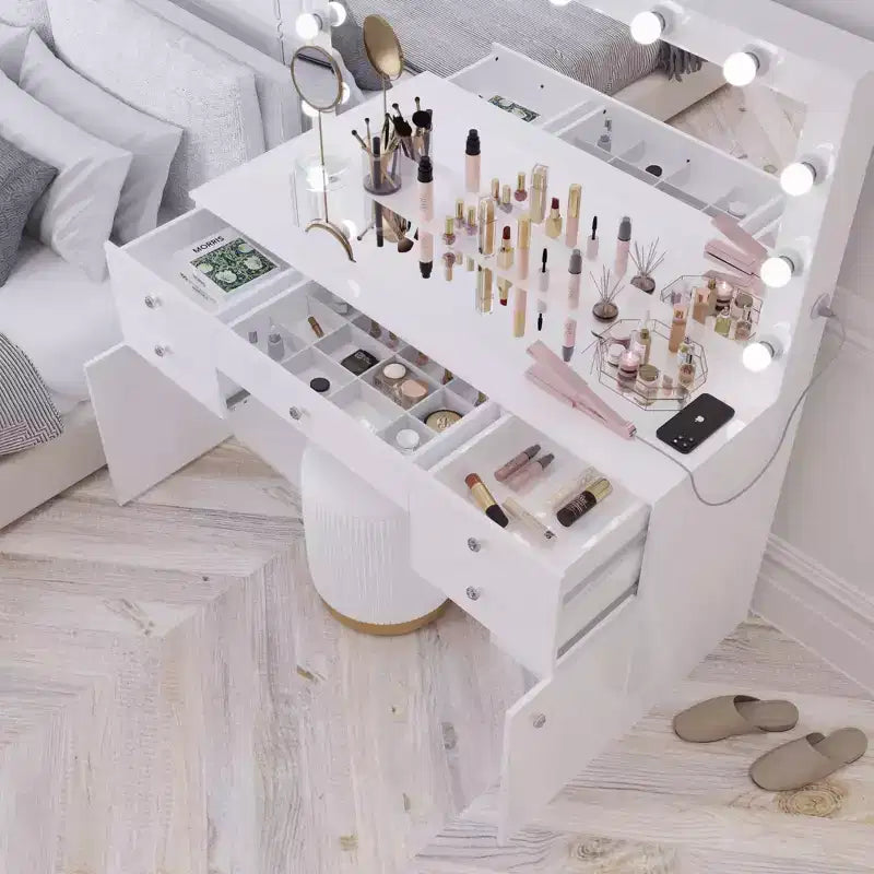 Georgina witte make-uptoilettafel met verlichte kristallen knoppen - Boahaus
