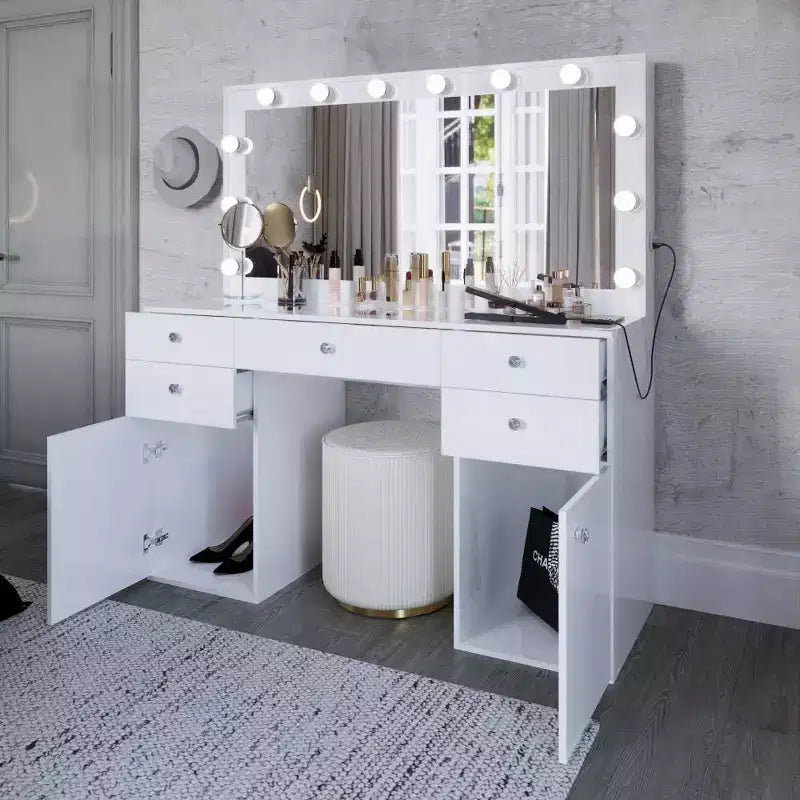 Georgina witte make-uptoilettafel met verlichte kristallen knoppen - Boahaus