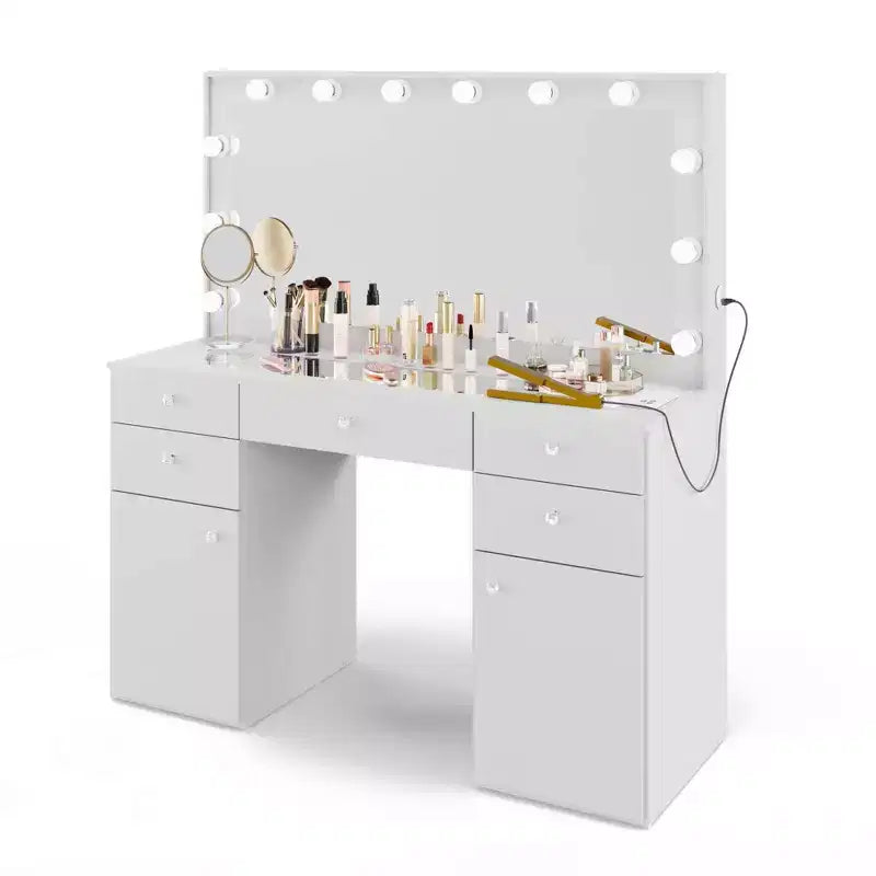 Georgina witte make-uptoilettafel met verlichte kristallen knoppen - Boahaus