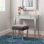 Harper Glam klappbarer Schminktisch aus Holz mit Spiegel und grauem gepolstertem Hocker, Spiegel und Silber – Linon