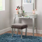 Harper Glam klappbarer Schminktisch aus Holz mit Spiegel und grauem gepolstertem Hocker, Spiegel und Silber – Linon