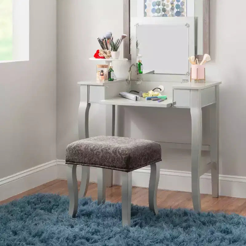 Harper Glam klappbarer Schminktisch aus Holz mit Spiegel und grauem gepolstertem Hocker, Spiegel und Silber – Linon