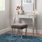 Harper Glam klappbarer Schminktisch aus Holz mit Spiegel und grauem gepolstertem Hocker, Spiegel und Silber – Linon