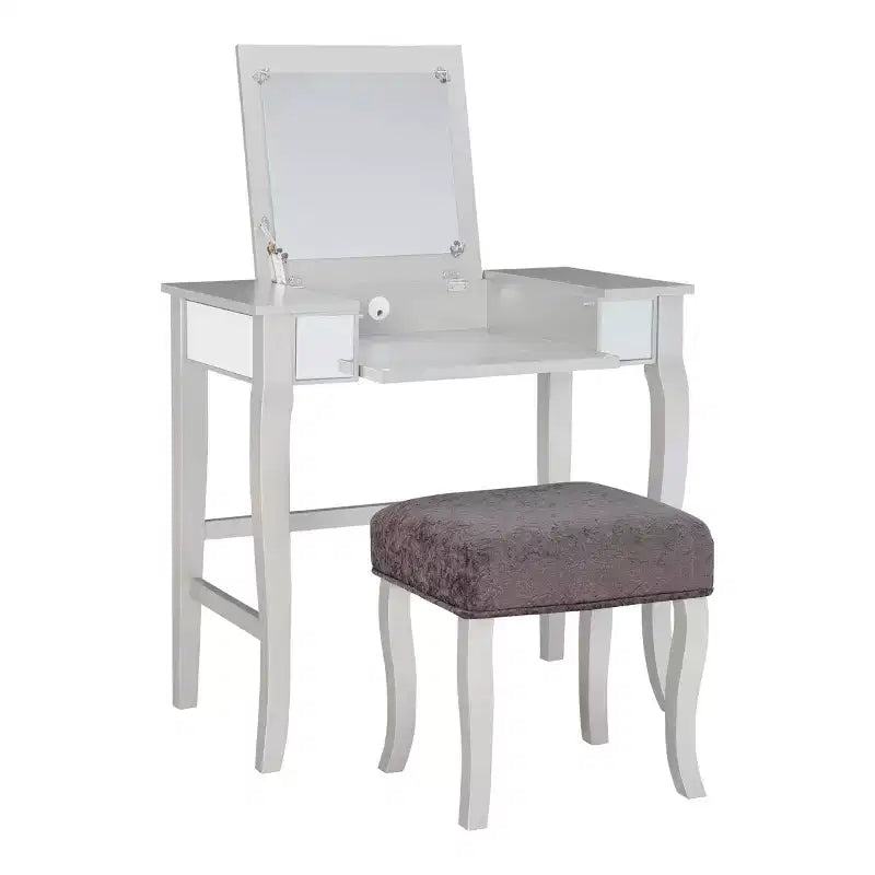 Harper Glam klappbarer Schminktisch aus Holz mit Spiegel und grauem gepolstertem Hocker, Spiegel und Silber – Linon