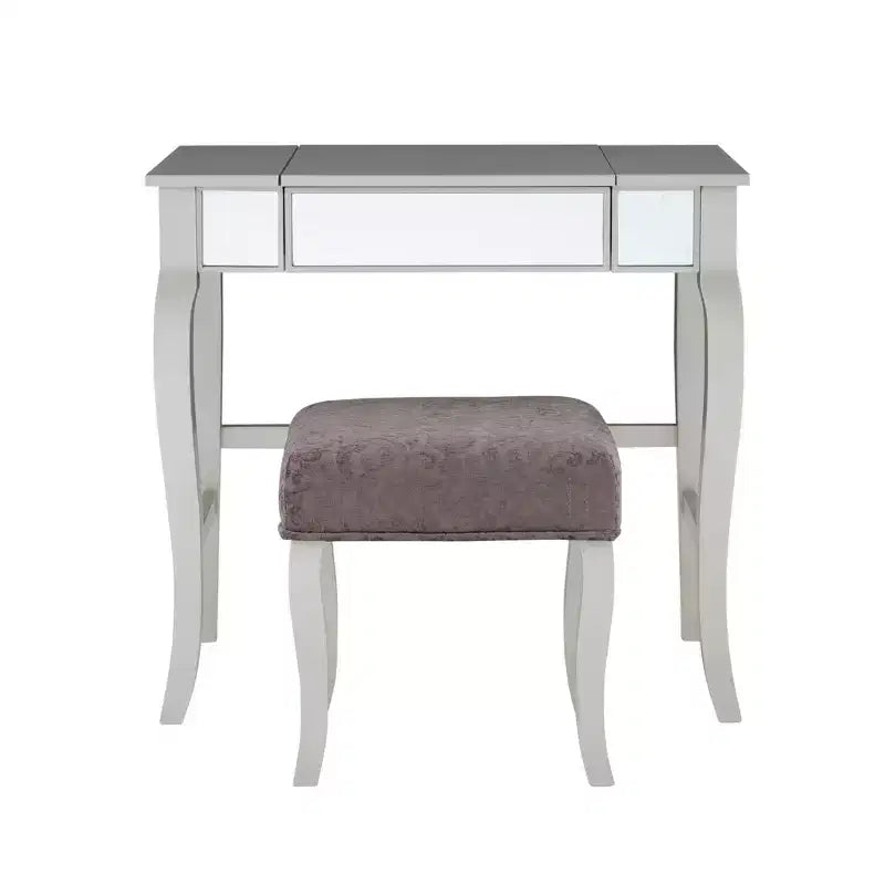Harper Glam klappbarer Schminktisch aus Holz mit Spiegel und grauem gepolstertem Hocker, Spiegel und Silber – Linon