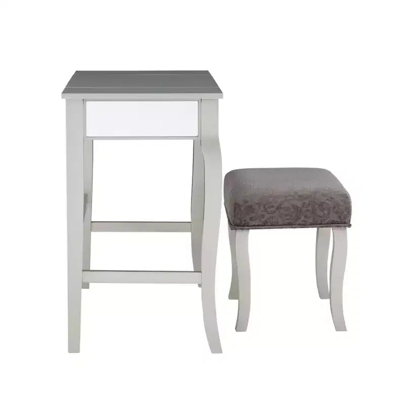 Harper Glam klappbarer Schminktisch aus Holz mit Spiegel und grauem gepolstertem Hocker, Spiegel und Silber – Linon