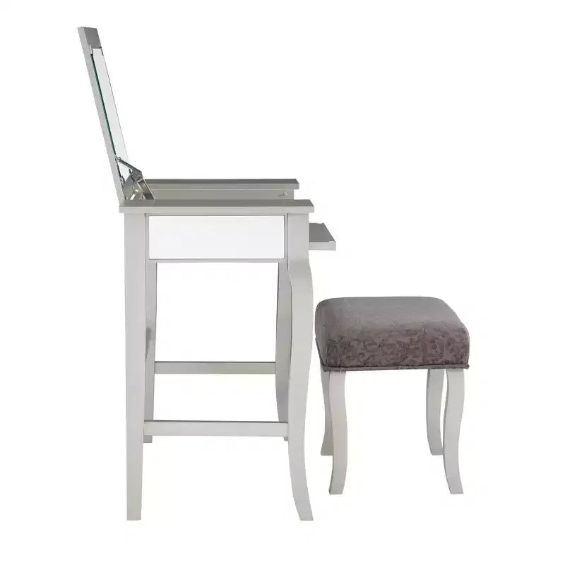 Harper Glam klappbarer Schminktisch aus Holz mit Spiegel und grauem gepolstertem Hocker, Spiegel und Silber – Linon