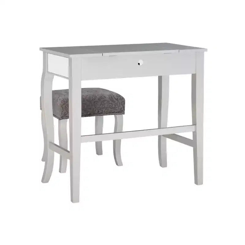 Harper Glam klappbarer Schminktisch aus Holz mit Spiegel und grauem gepolstertem Hocker, Spiegel und Silber – Linon