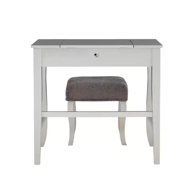Harper Glam klappbarer Schminktisch aus Holz mit Spiegel und grauem gepolstertem Hocker, Spiegel und Silber – Linon