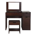 24/7 Shop At Home Lena 3 Drawer Vanity Set Dark Walnut: Modern Dressing & Makeup Table with Mirror, Storage Stool