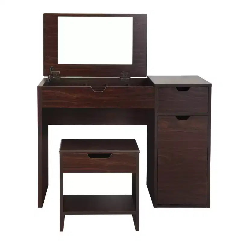 24/7 Shop At Home Lena 3 Drawer Vanity Set Dark Walnut: Modern Dressing & Makeup Table with Mirror, Storage Stool