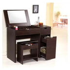 24/7 Shop At Home Lena 3 Drawer Vanity Set Dark Walnut: Modern Dressing & Makeup Table with Mirror, Storage Stool