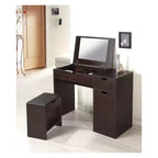 24/7 Shop At Home Lena 3 Drawer Vanity Set Dark Walnut: Modern Dressing & Makeup Table with Mirror, Storage Stool