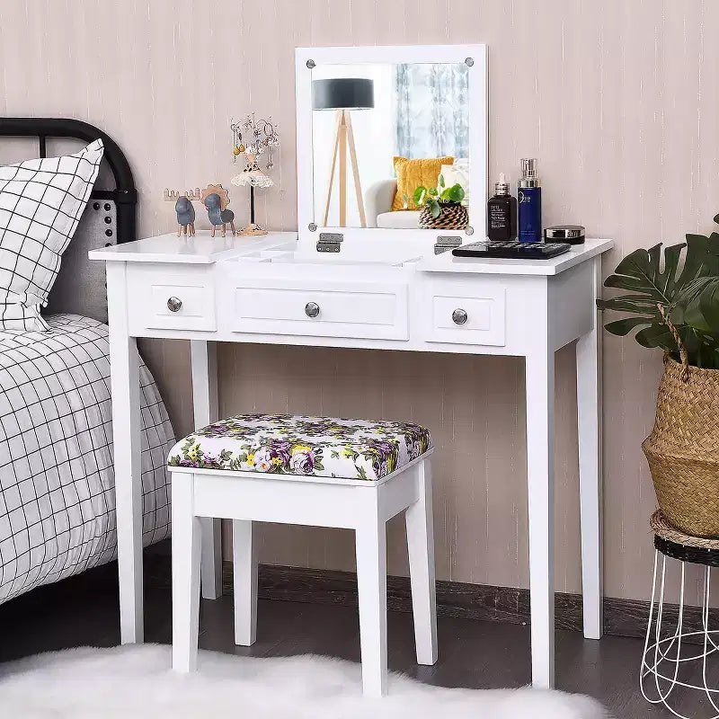 Costway Vanity Dressing Table Flip Top 7 Compartments Makeup Desk