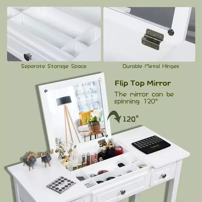 Costway Vanity Dressing Table Flip Top 7 Compartments Makeup Desk