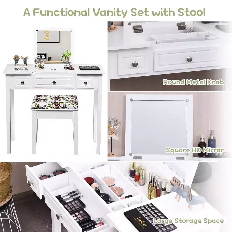 Costway Vanity Dressing Table Flip Top 7 Compartments Makeup Desk