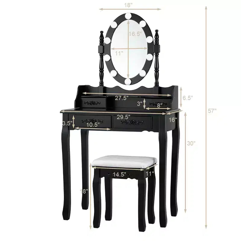 Costway-Schminktisch mit 10 dimmbaren Glühbirnen, Schwarz, Weiß, Braun