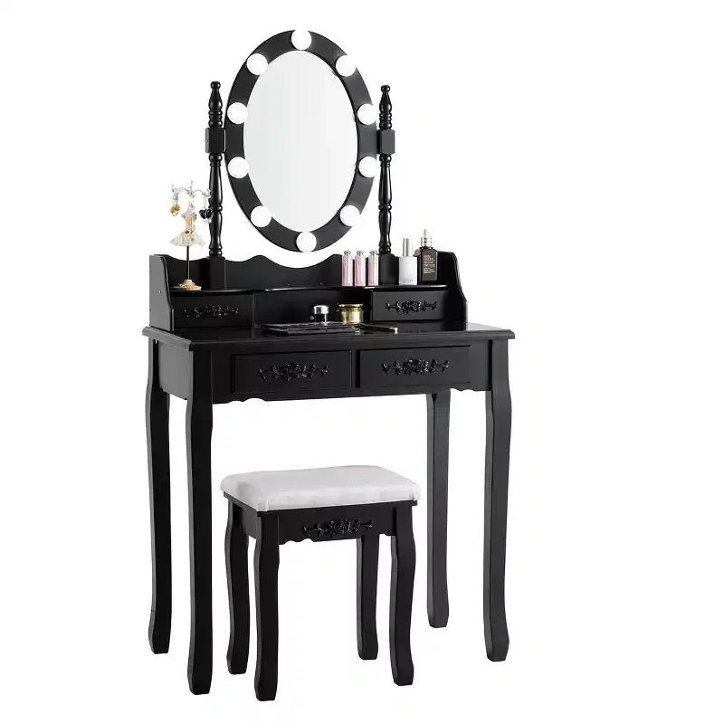 Costway-Schminktisch mit 10 dimmbaren Glühbirnen, Schwarz, Weiß, Braun