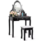 Costway Vanity Jewelry Wooden Makeup Dressing Table Set W/Stool Mirror & 5 Drawers Black