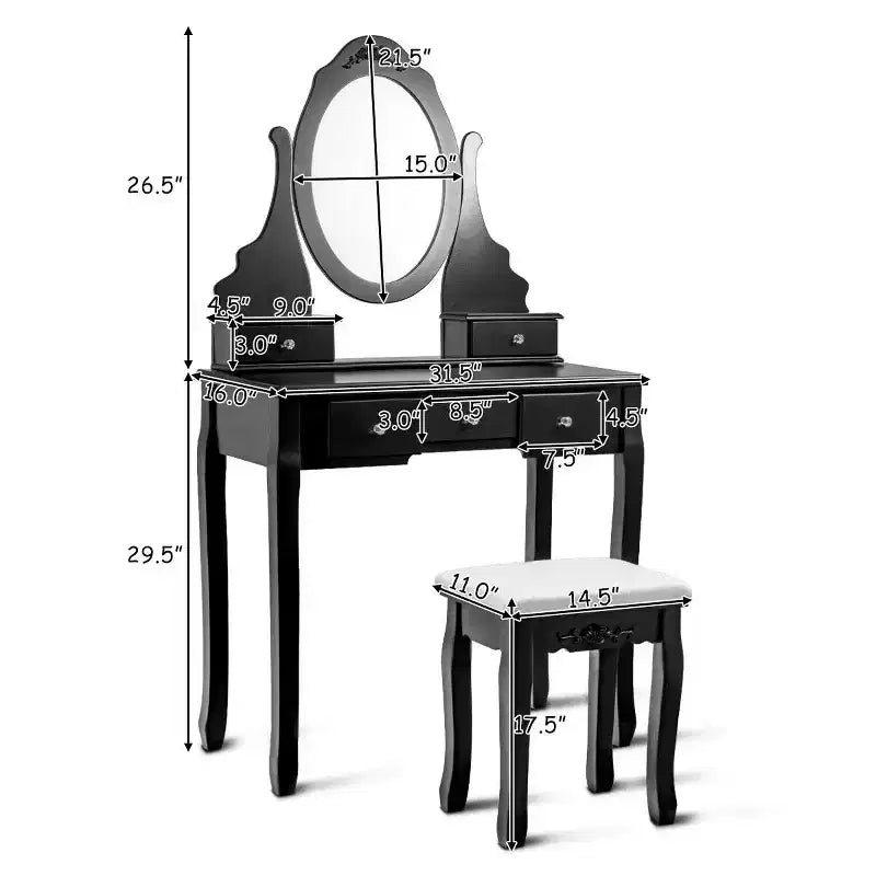 Costway Vanity Jewelry Wooden Makeup Dressing Table Set W/Stool Mirror & 5 Drawers Black